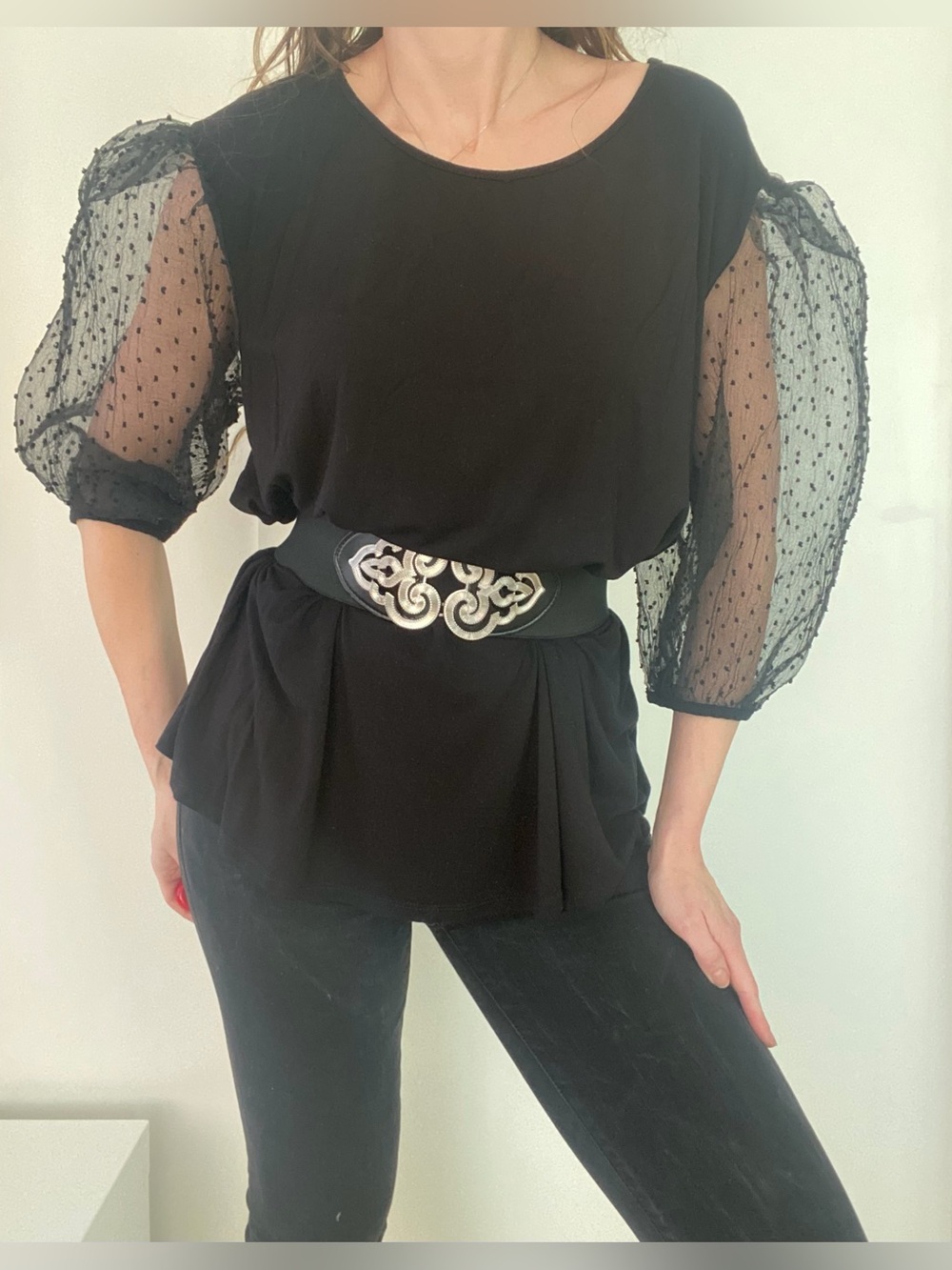Euro street style blk statement top with sheer see-thru puff sleeves. Size S-L